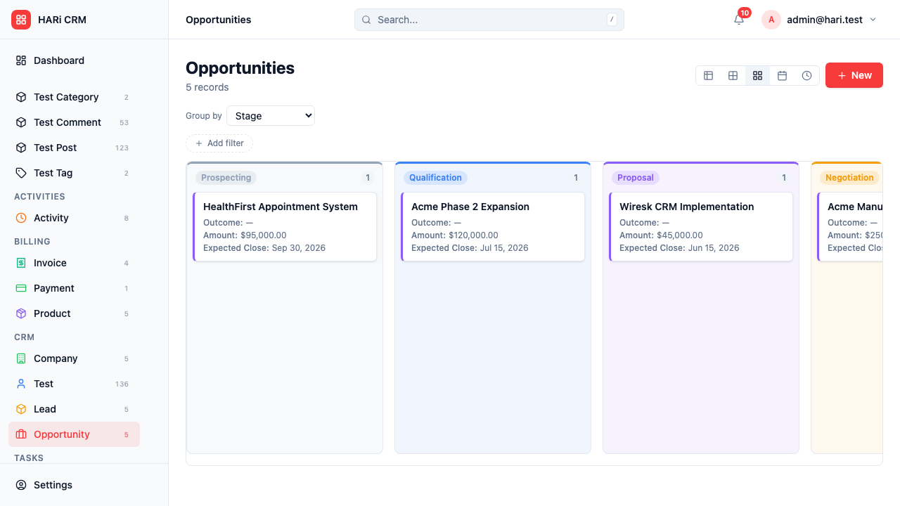 Kanban pipeline view with deal stages