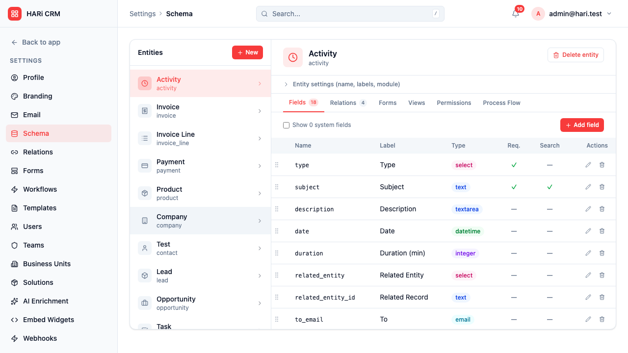 Schema editor for creating custom entities and fields